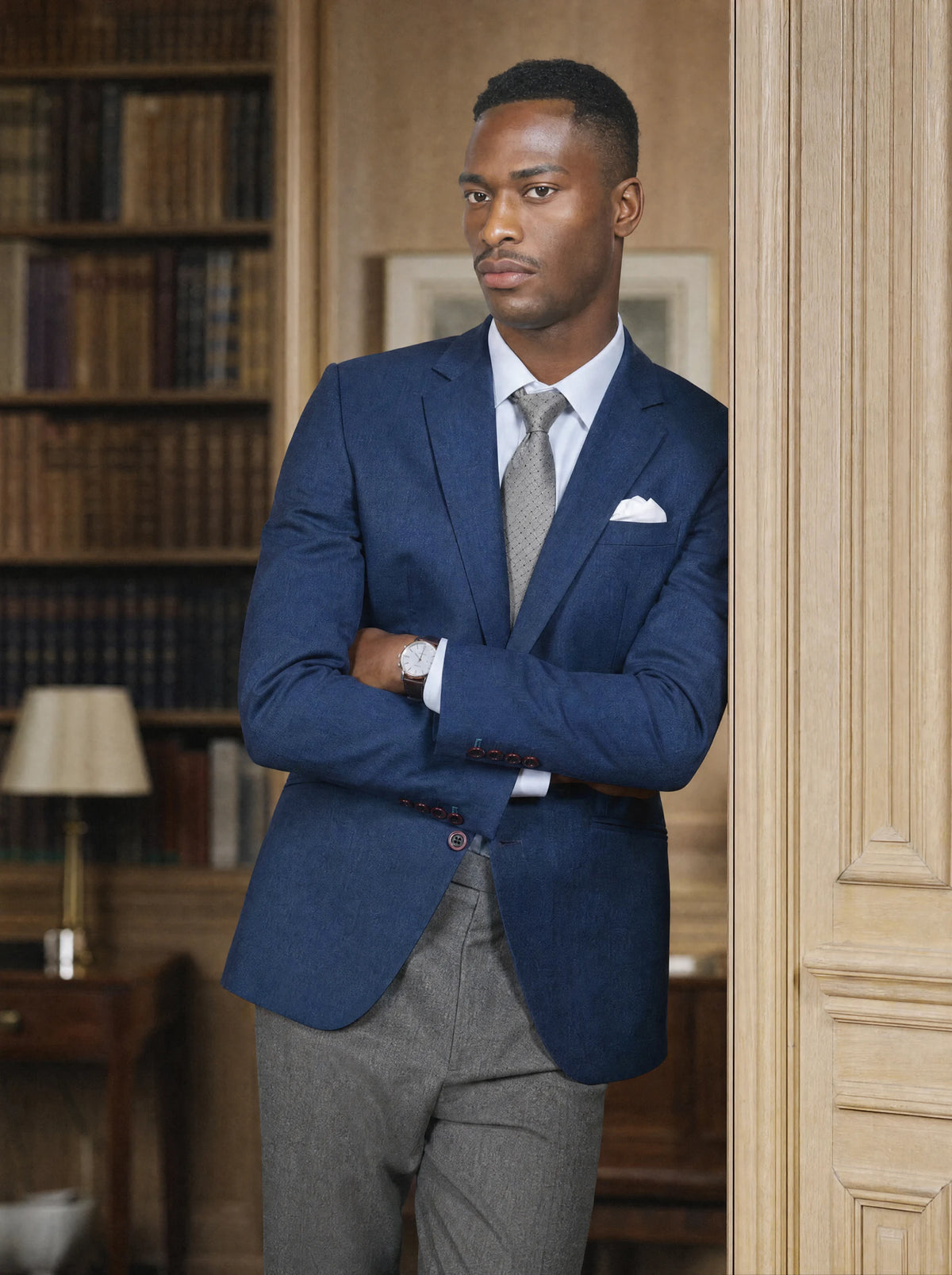 Deep Blue Crosshatch Jacket worn by a model, club reading room619