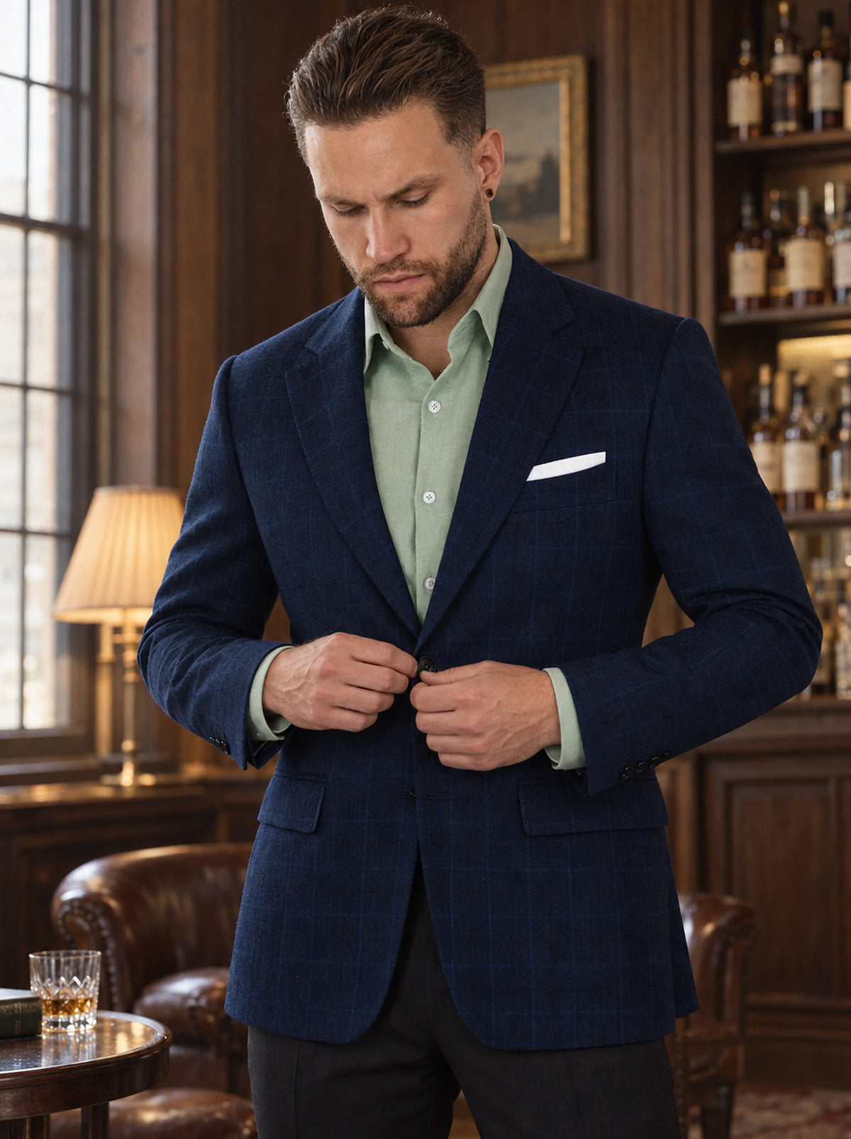 Deep Blue Flannel Windowpane Jacket worn by a model, club whisky bar977
