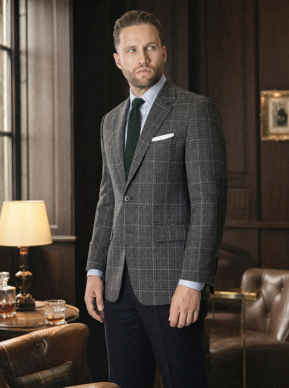 Grey Two-Tone Plaid Jacket worn by a model, club whisky bar215