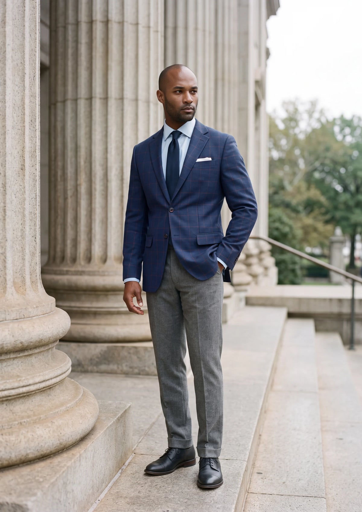 Indigo Blue Windowpane Jacket worn by a model, courthouse portico566