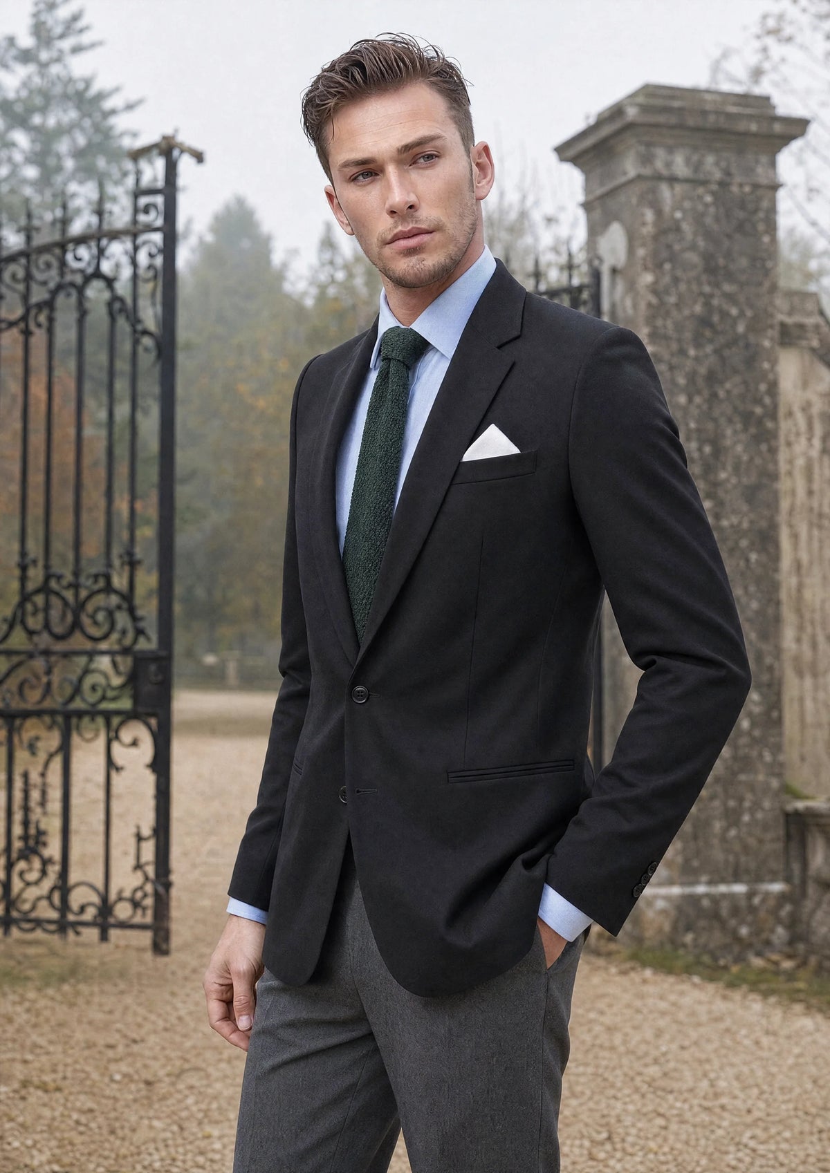 Jet Black Twill Jacket worn by a model, estate gravel drive535