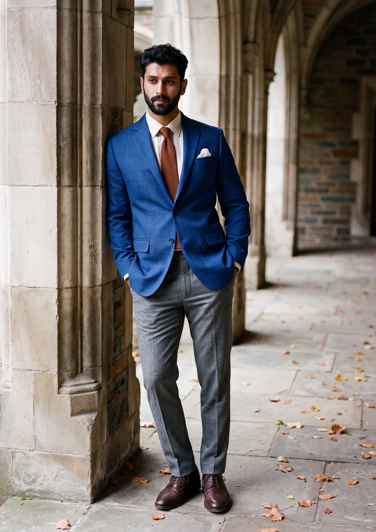 Regal Blue Windowpane Jacket worn by a model, college cloister958