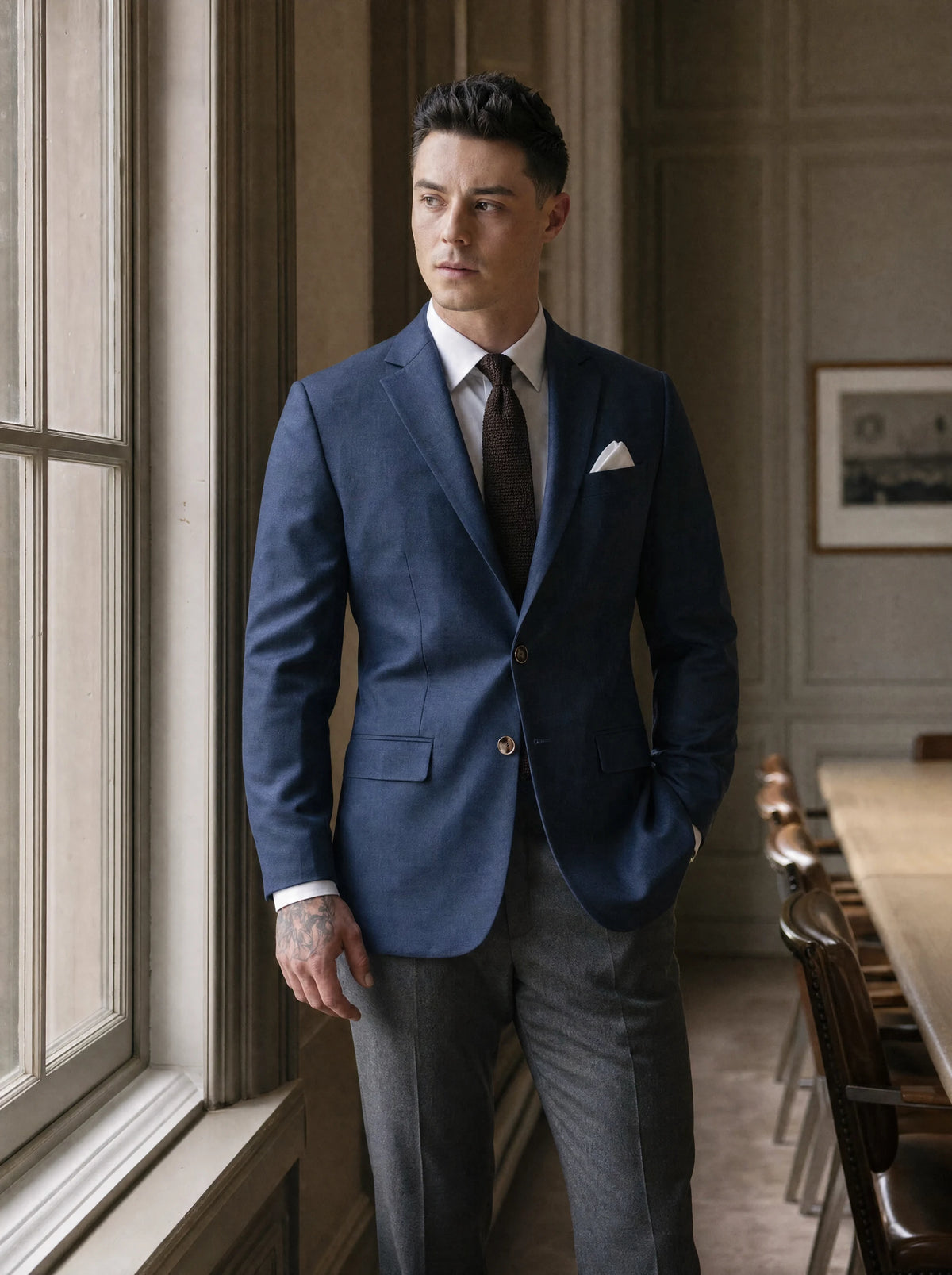 Astor Yale Blue Crosshatch Jacket worn by a model, law firm boardroom966