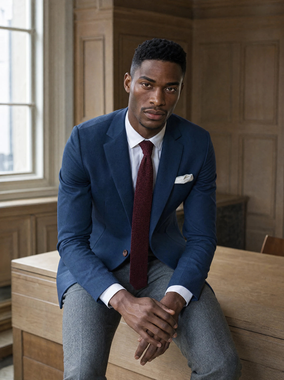 Astor Oxford Blue Sharkskin Jacket worn by a model, faculty reading room314