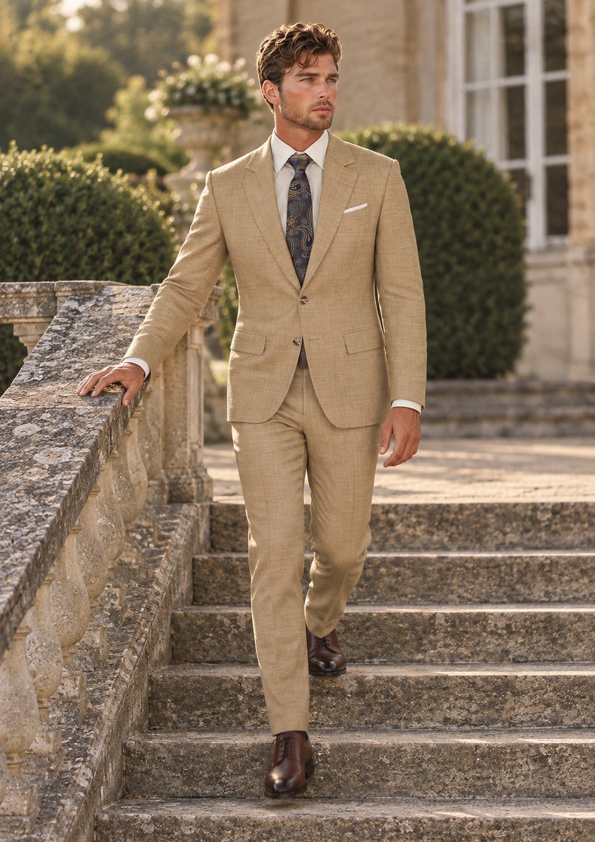 Sandstone Bamboo Suit worn by a model, estate terrace steps586