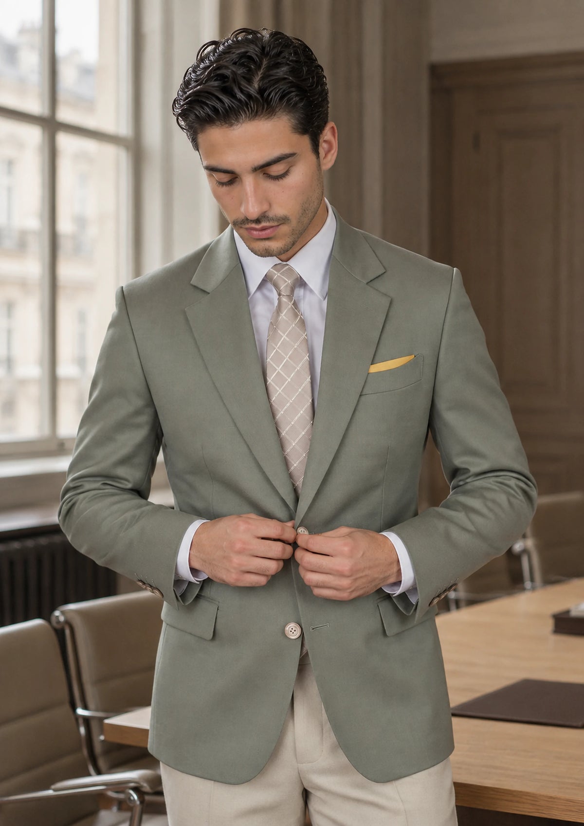 Verona Sage Twill Jacket worn by a model, law firm boardroom139