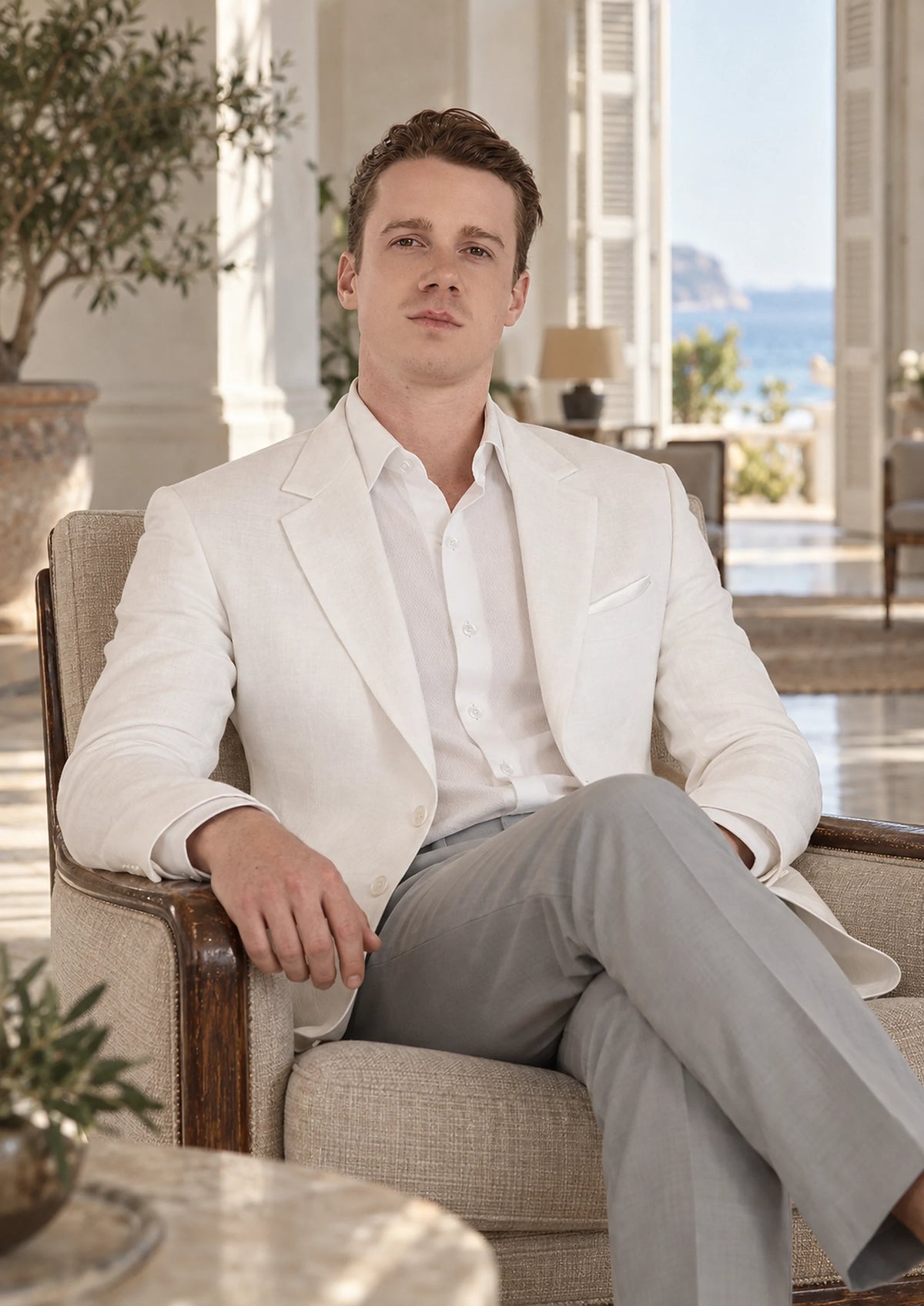 Astor White Linen Jacket worn by a model, coastal hotel lobby484