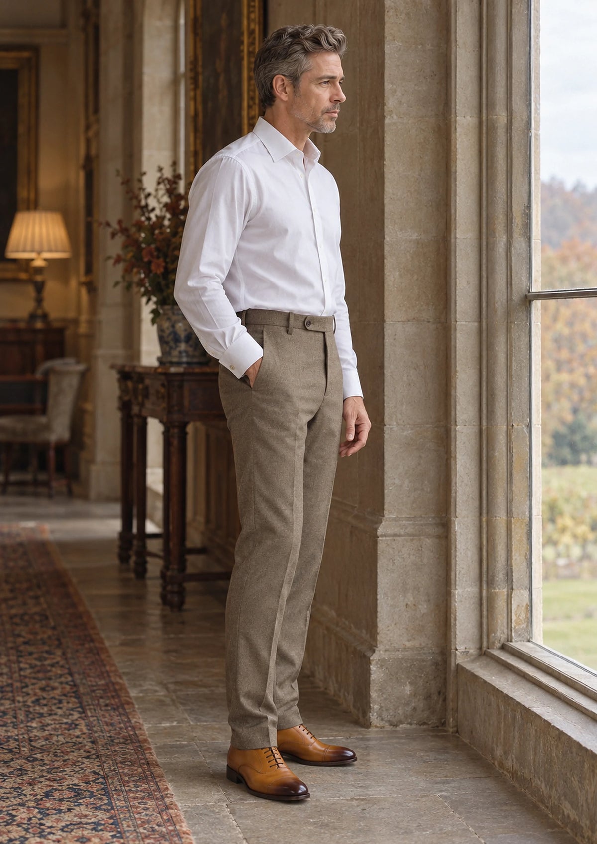 Astoria Brown Flannel Pants worn by a model, country house hall546