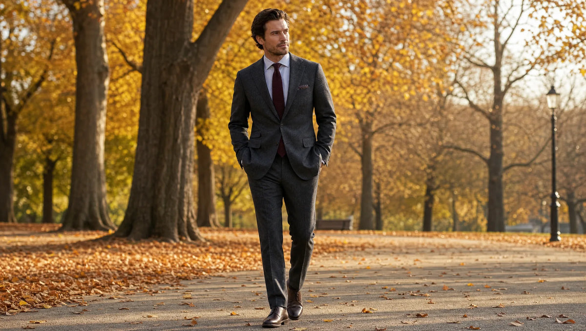 Charcoal flannel suit styled for autumn — darker tones work year-round but flannel weaves add seasonal texture that flat worsted cannot