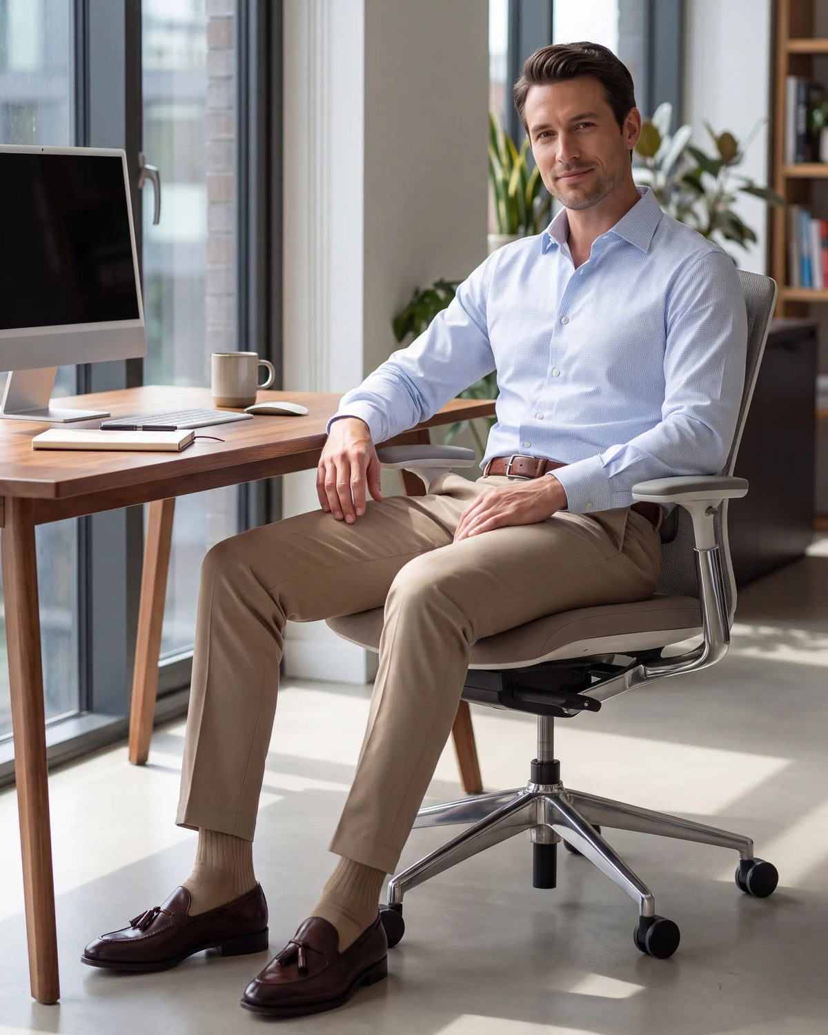 Start with the shoe and build up. For an everyday office, tassel loafers call for khaki chinos, a light blue shirt and a brown belt.