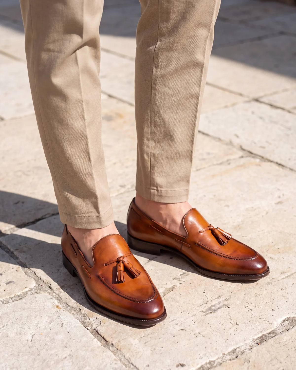 Summer heat? Tan loafers with no-show socks keep the outfit light and still pass as business casual.