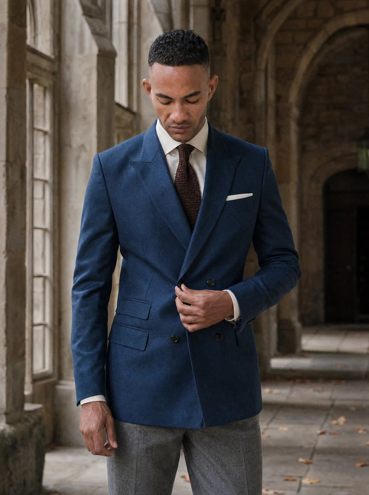 Prussian Blue Pinstripe Jacket worn by a model, college cloister987