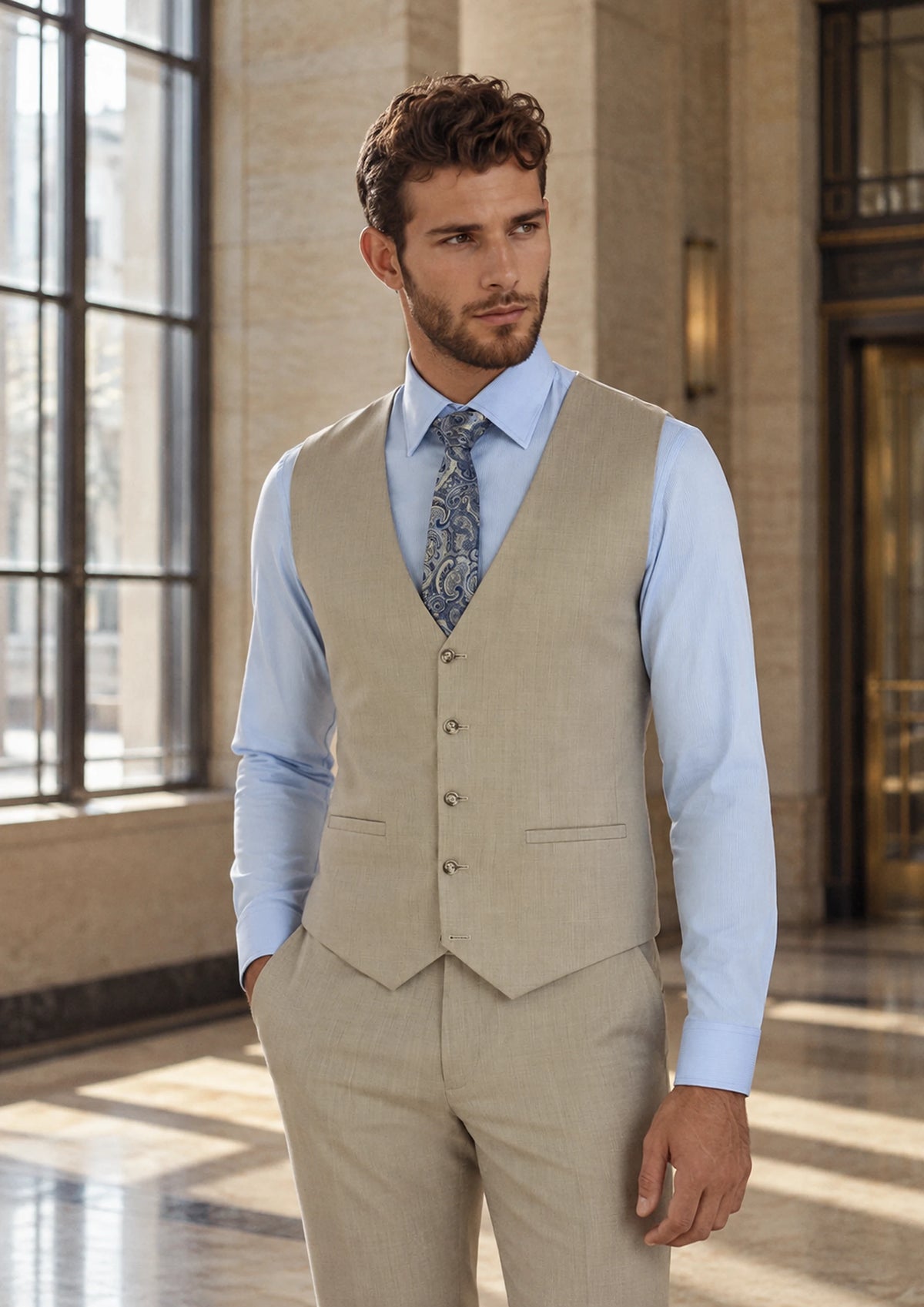 Beige Sandstone Wool Vest worn by a model, office lobby 1930s265