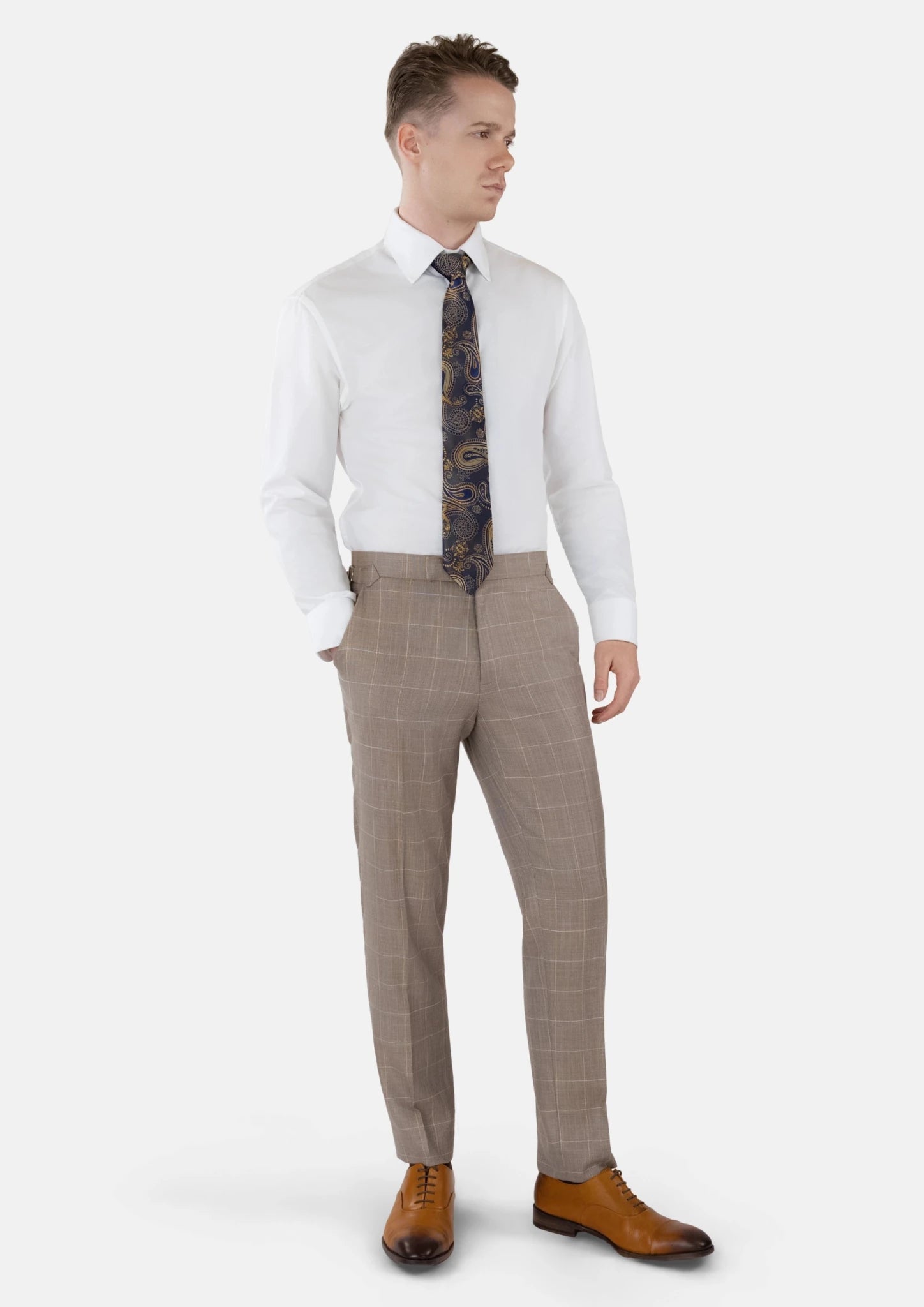 Beige Windowpane Check Pants - SARTORO413