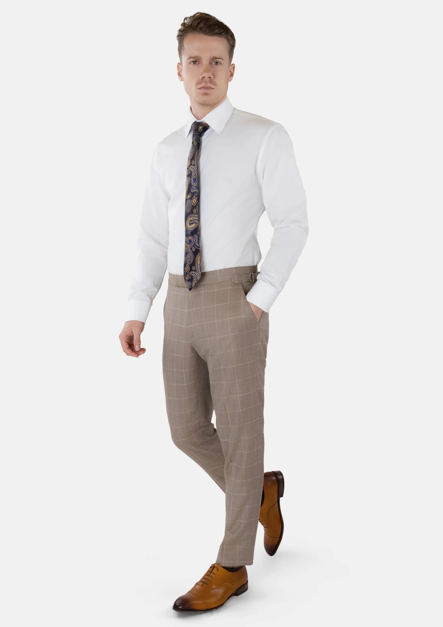 Beige Windowpane Check Pants - SARTORO505