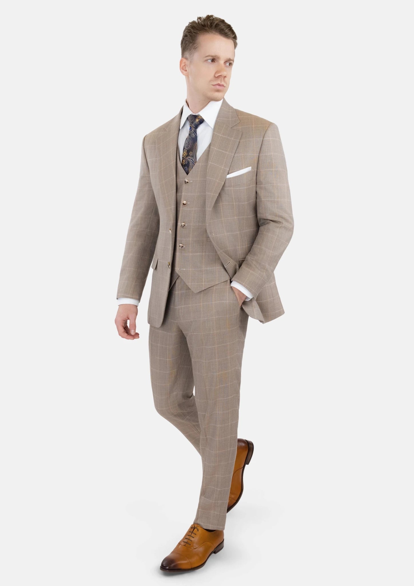 Beige Windowpane Check Suit - SARTORO304