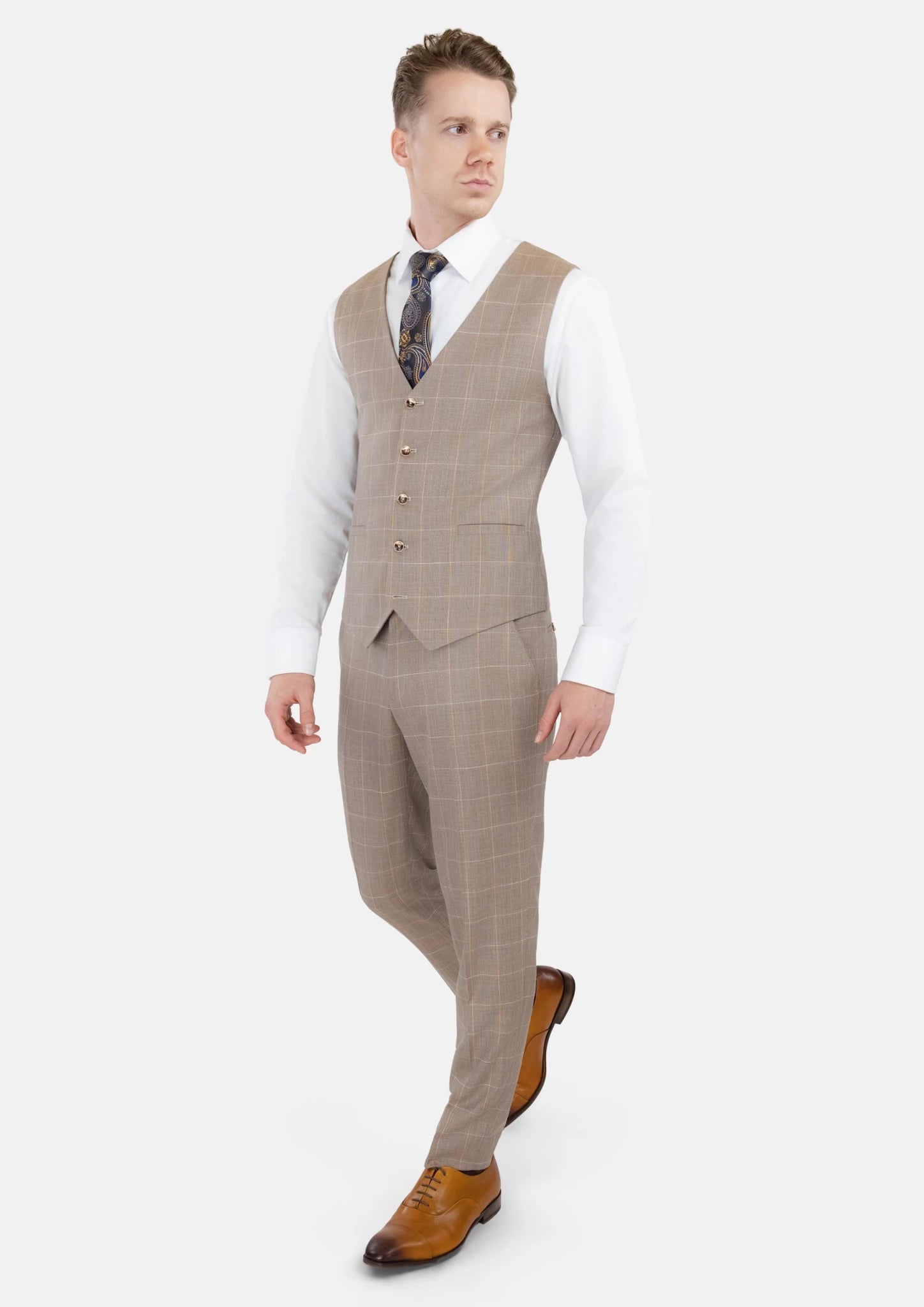 Beige Windowpane Check Vest - SARTORO314