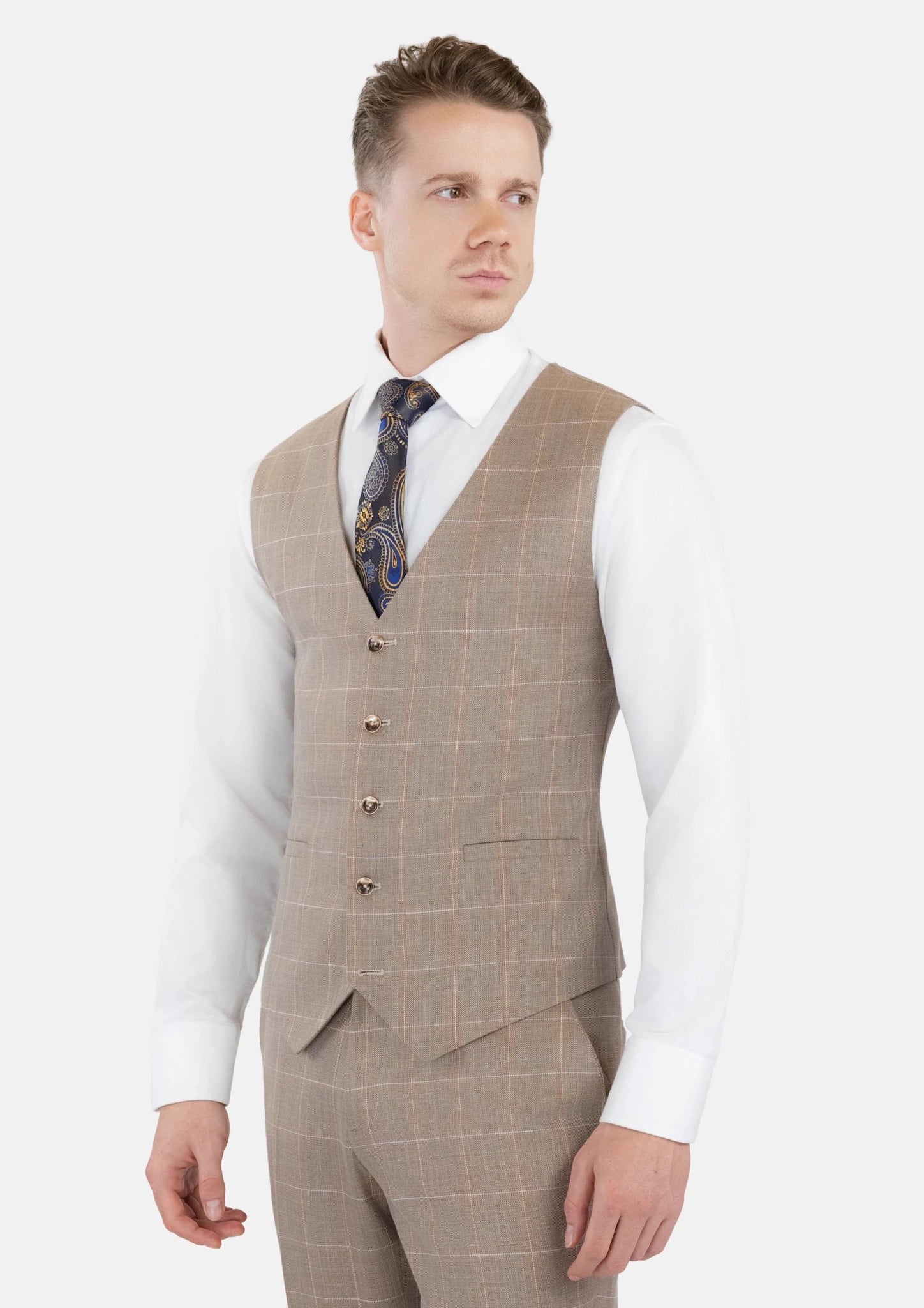 Beige Windowpane Check Vest - SARTORO377