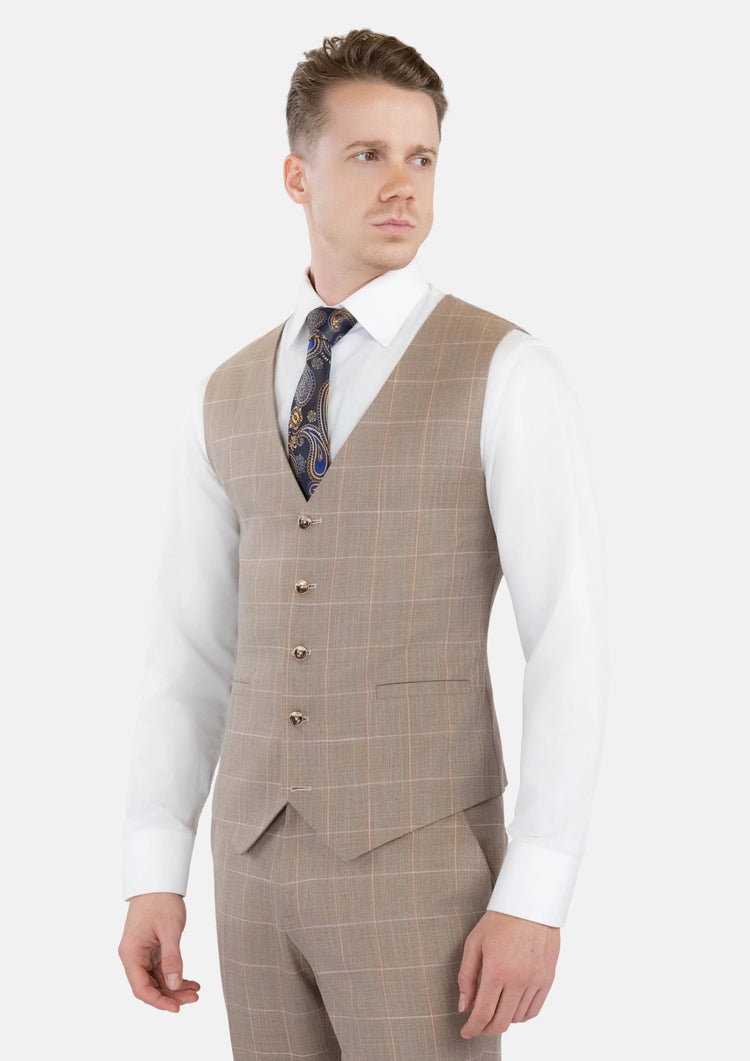 Beige Windowpane Check Vest - SARTORO150