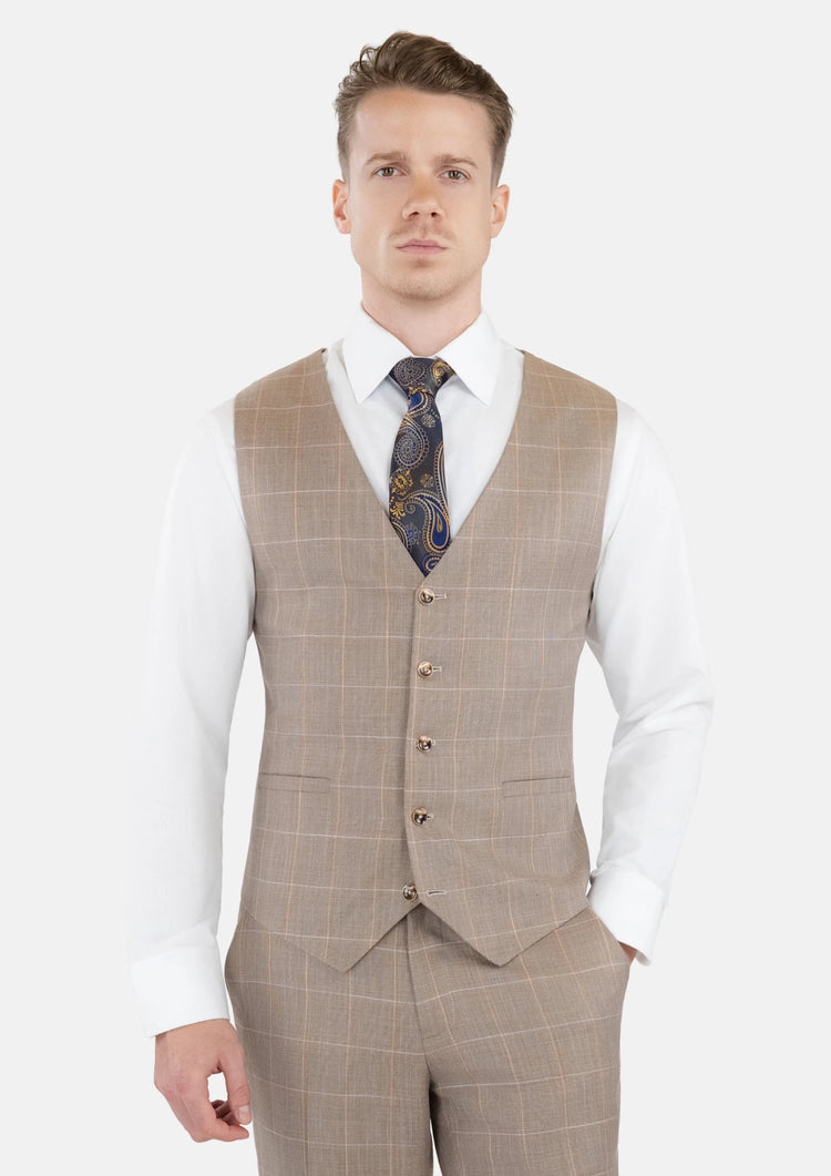 Beige Windowpane Check Vest - SARTORO837