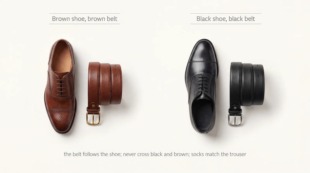 Belt and shoe matching: a brown shoe with a brown belt and a black shoe with a black belt
