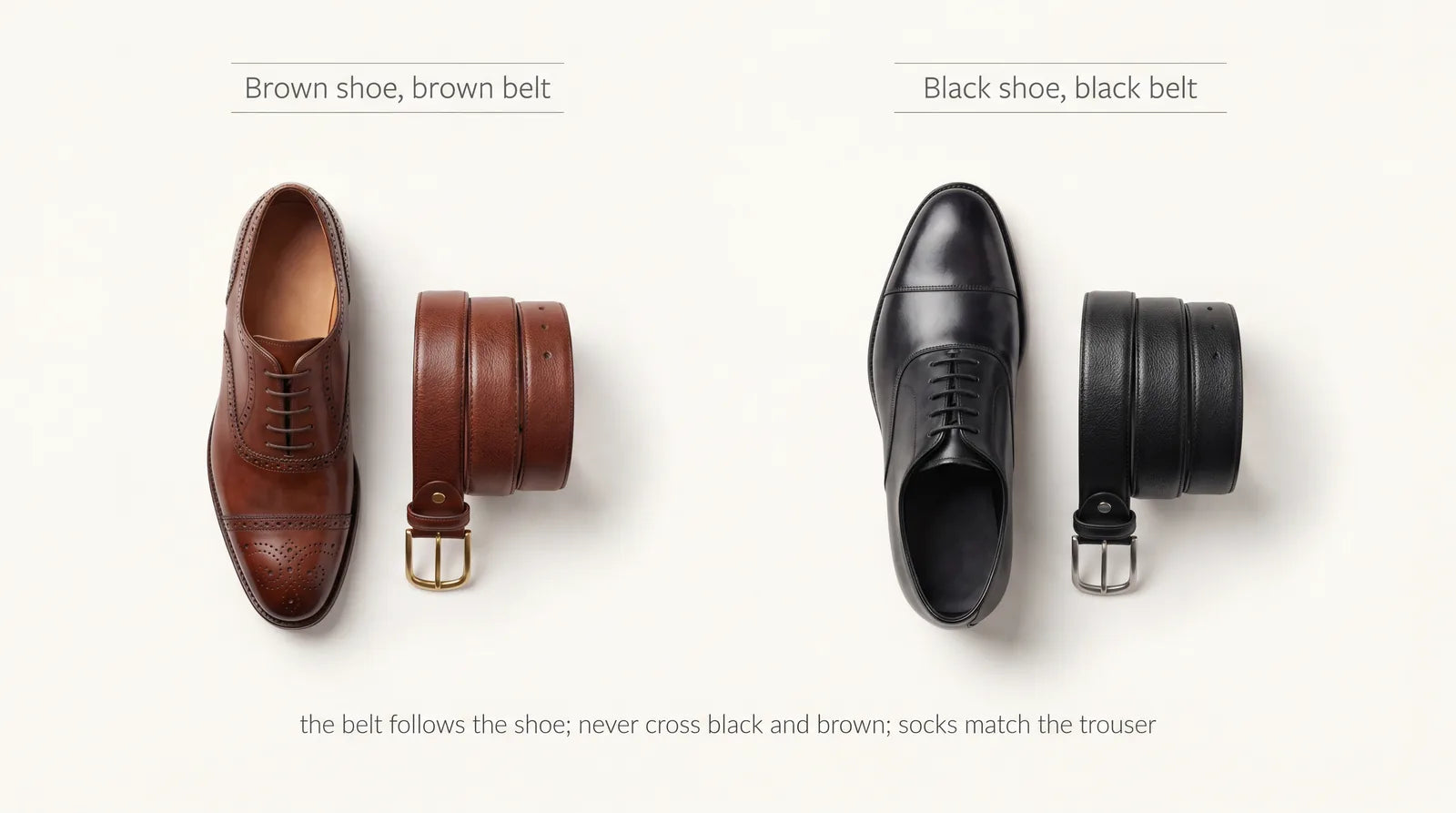 Belt and shoe matching: a brown shoe with a brown belt and a black shoe with a black belt