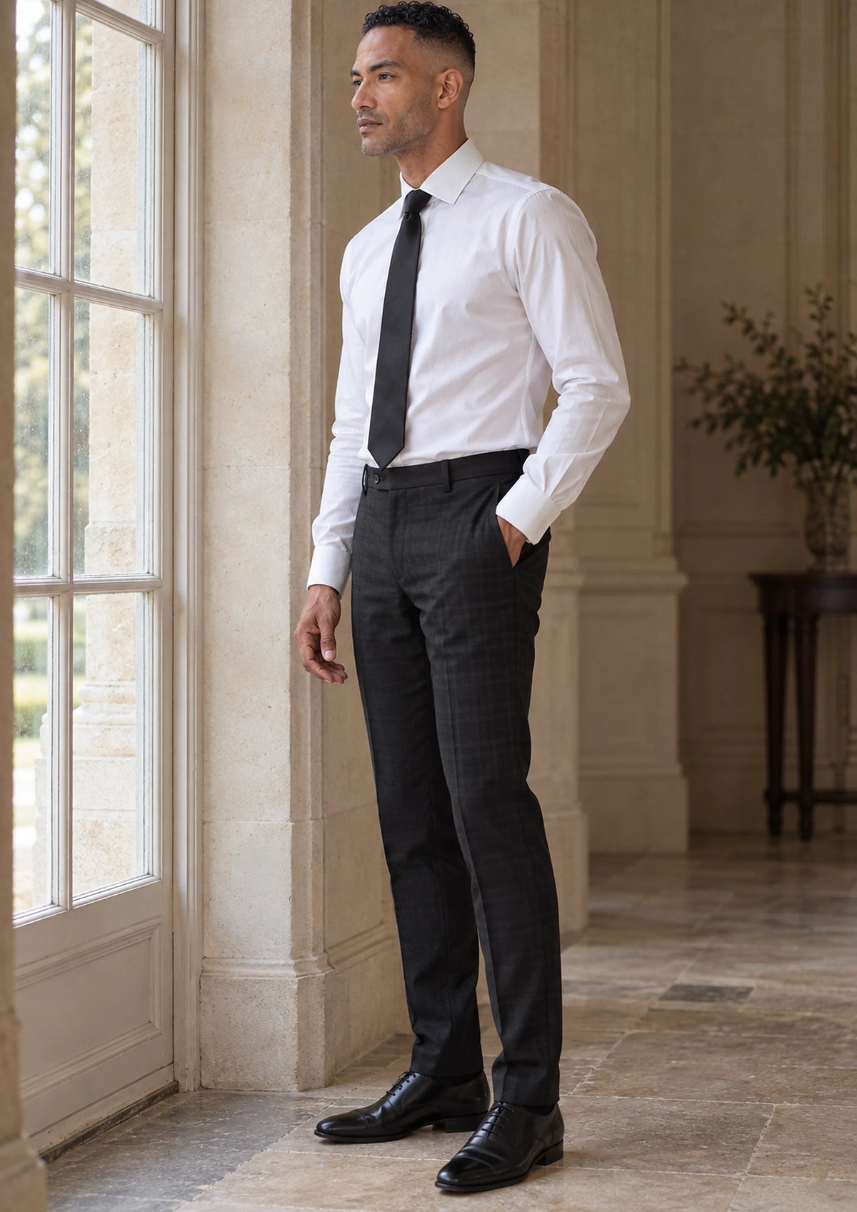 Black Check Pants worn by a model, townhouse hotel hall911