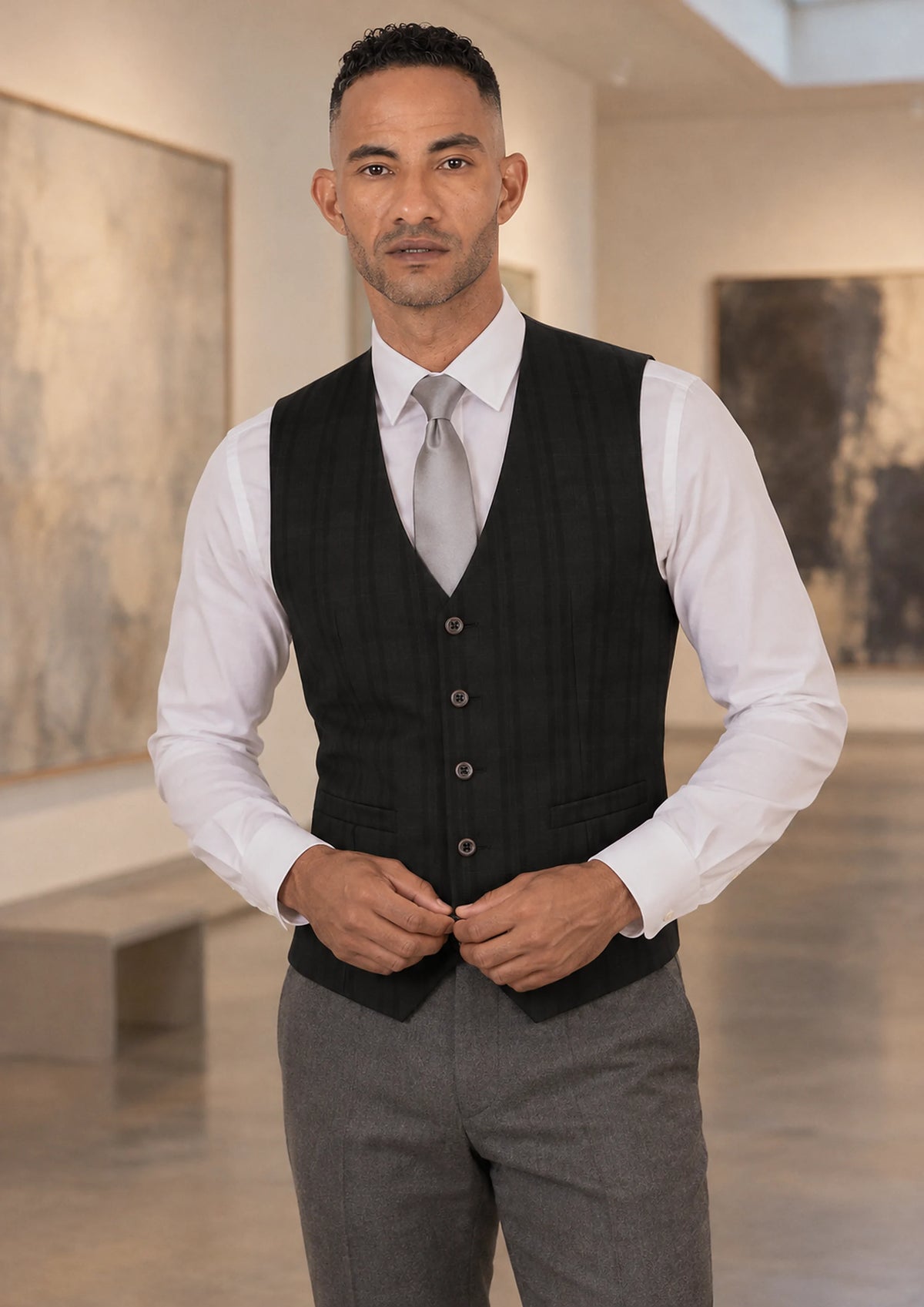 Black Check Vest worn by a model, gallery opening976