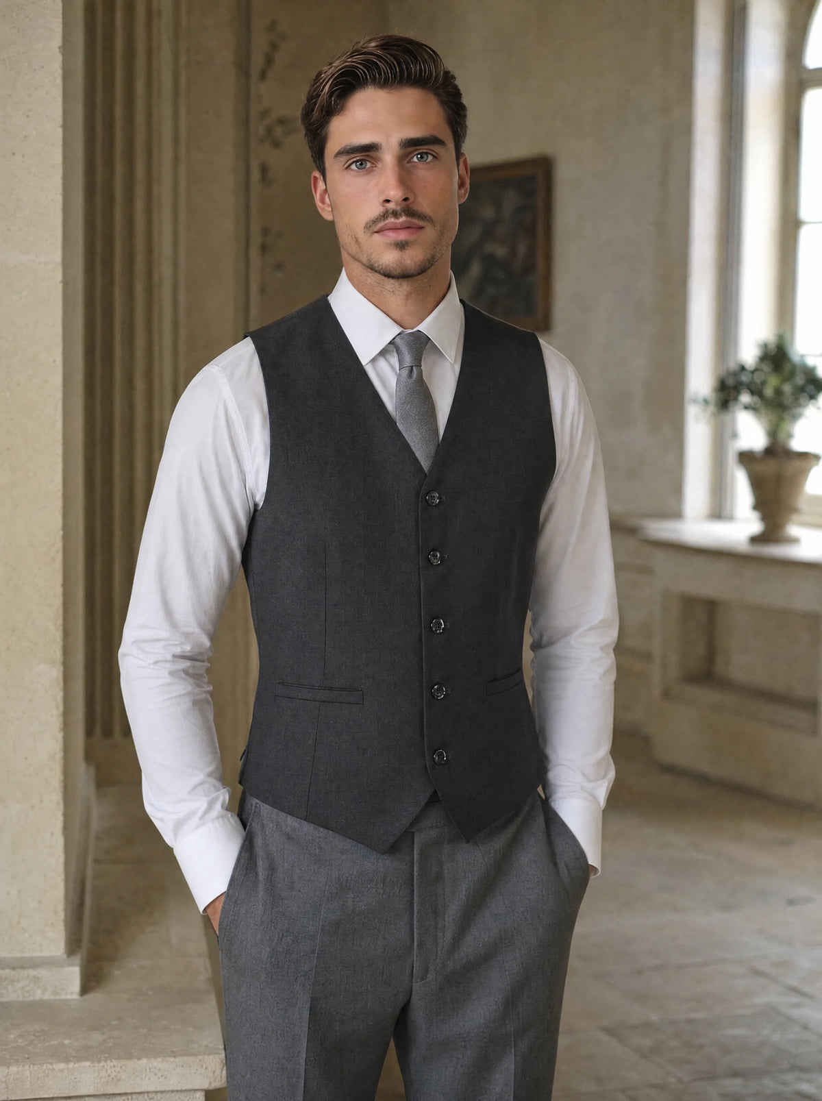 Black Crosshatch Vest worn by a model, townhouse hotel hall608