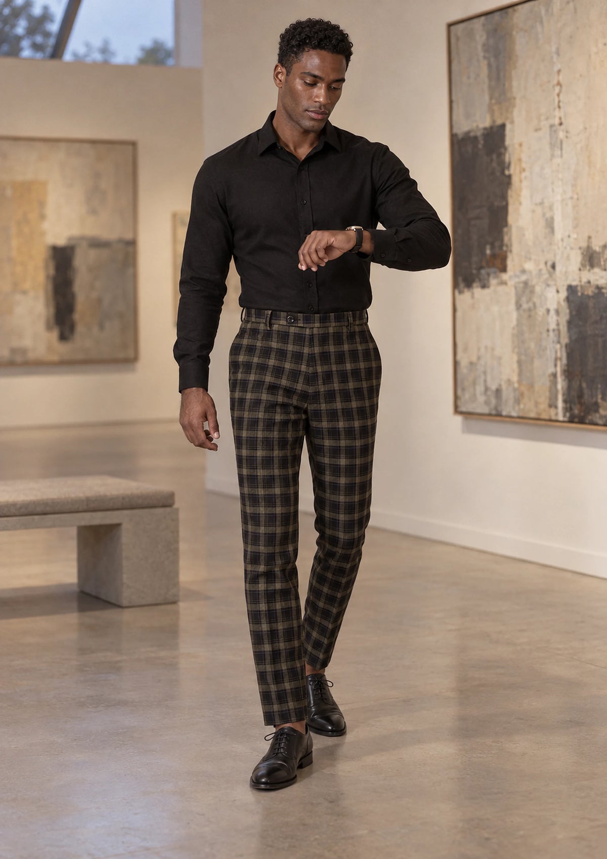 Black & Gold Check Pants worn by a model, gallery opening794