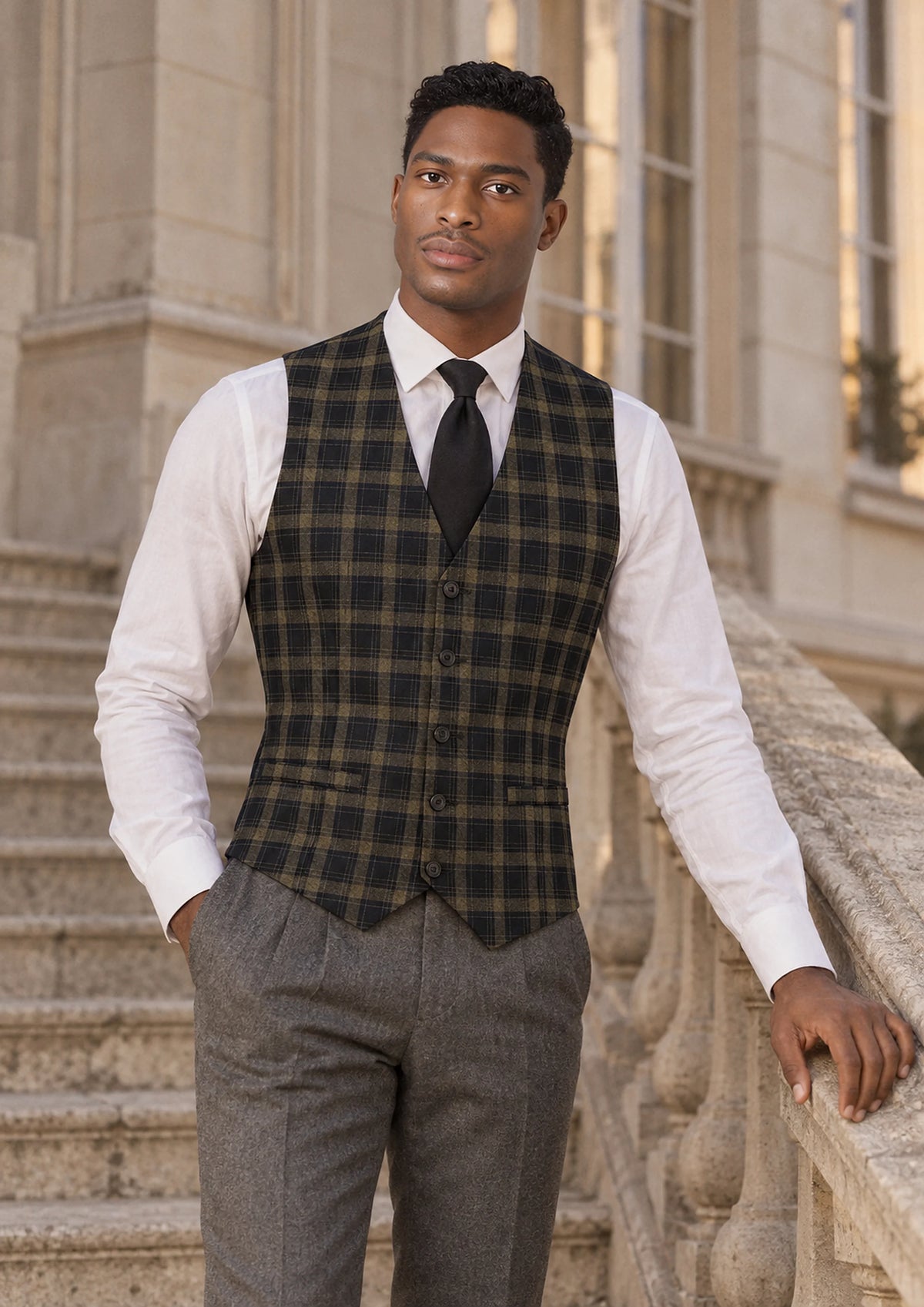 Black & Gold Check Vest worn by a model, embassy staircase565