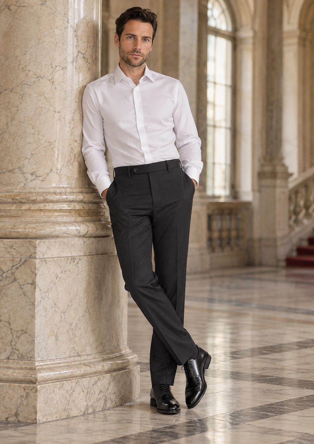 Black Pinstripe Pants worn by a model, opera house foyer164