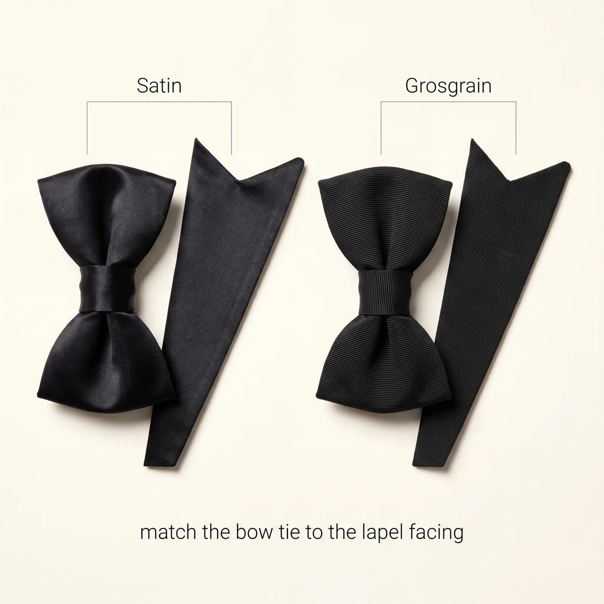 Black tie bow ties in satin versus grosgrain matched to the lapel facing