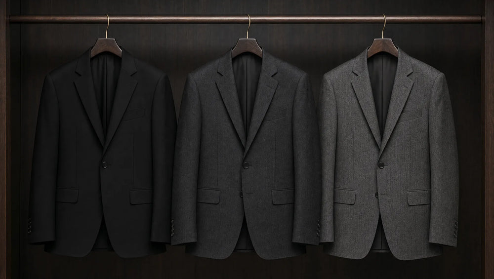 Black, charcoal, and dark grey compared side by side — black absorbs all light with zero visible texture, while charcoal and dark grey retain weave depth that reads as approachable authority
