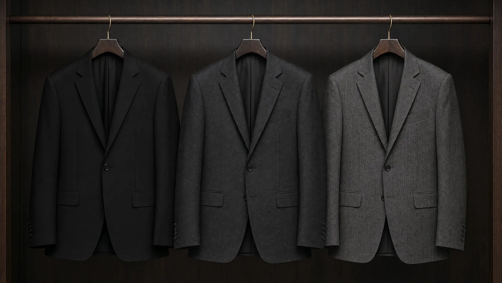 Black, charcoal, and dark grey compared side by side — black absorbs all light with zero visible texture, while charcoal and dark grey retain weave depth that reads as approachable authority