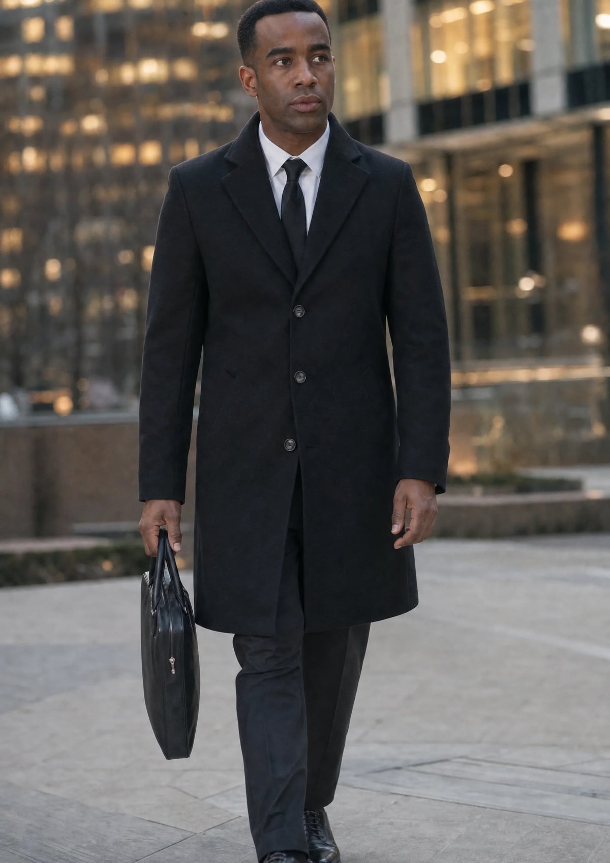 Black Wool Classic Overcoat worn over a casual outfit in a lifestyle setting701