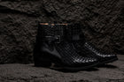 Black Woven High-Top Ankle Buckle Zipper Boots - 379