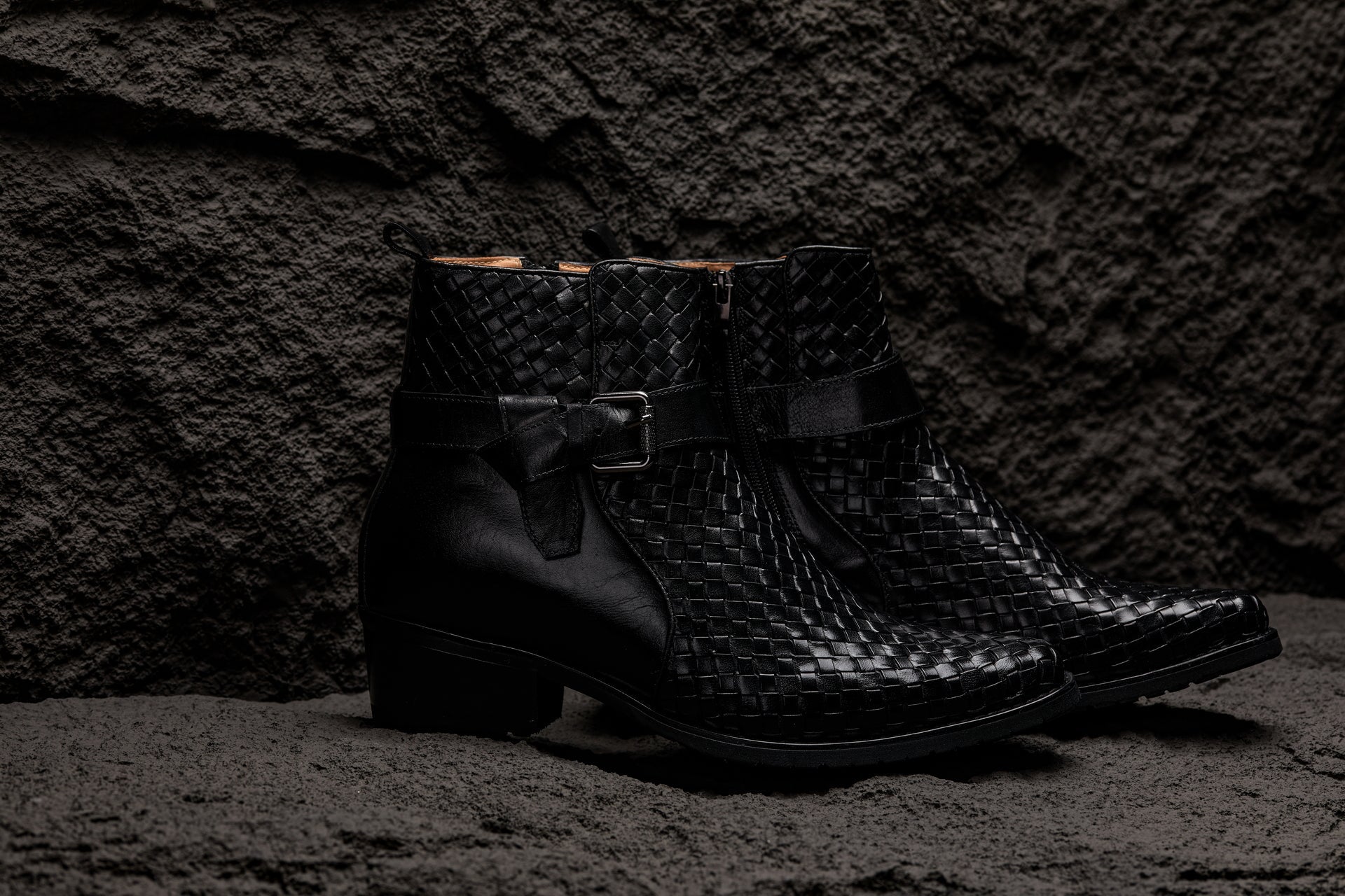 Black Woven High-Top Ankle Buckle Zipper Boots - 3519