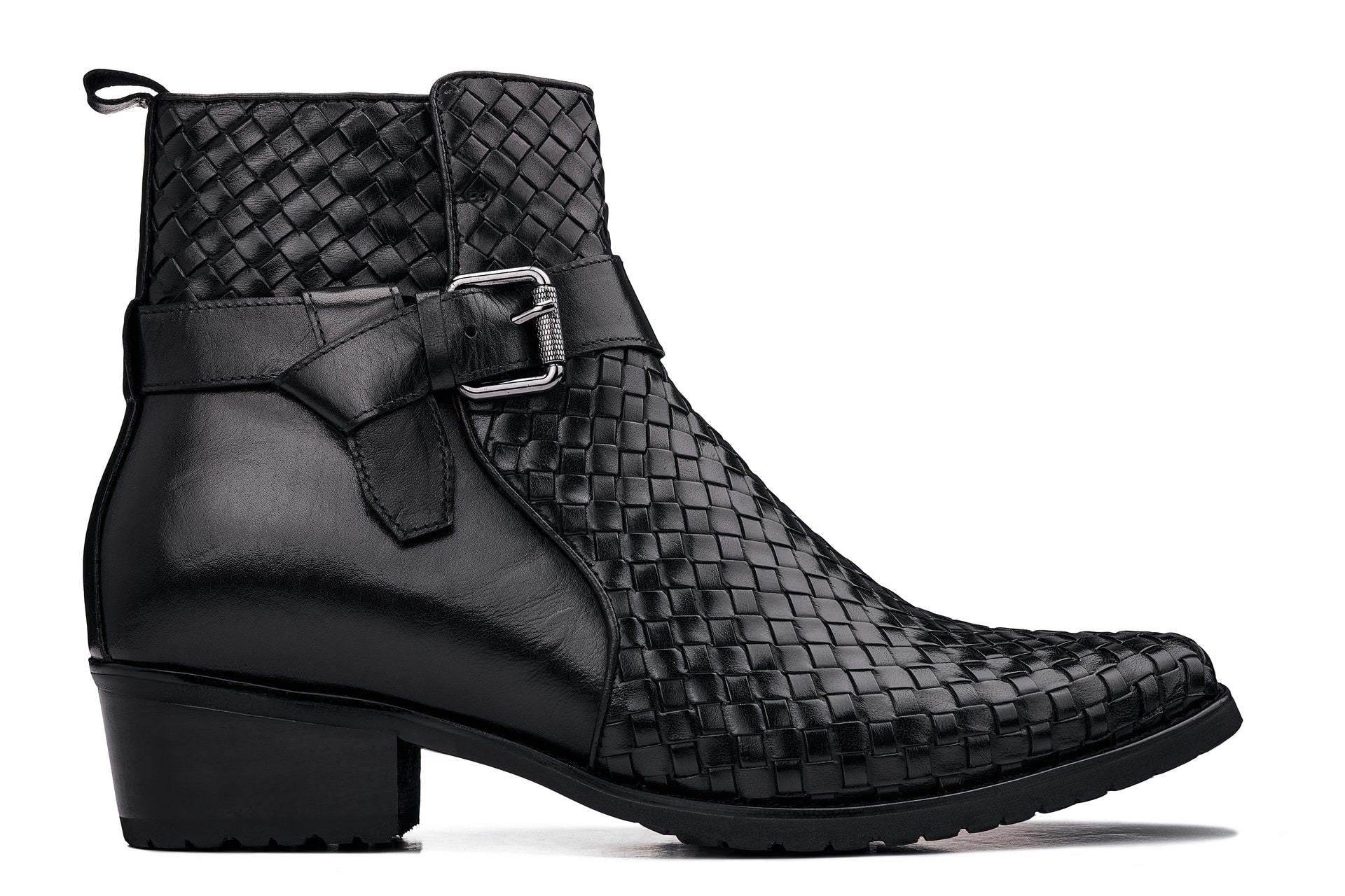Black Woven High-Top Ankle Buckle Zipper Boots - 3920