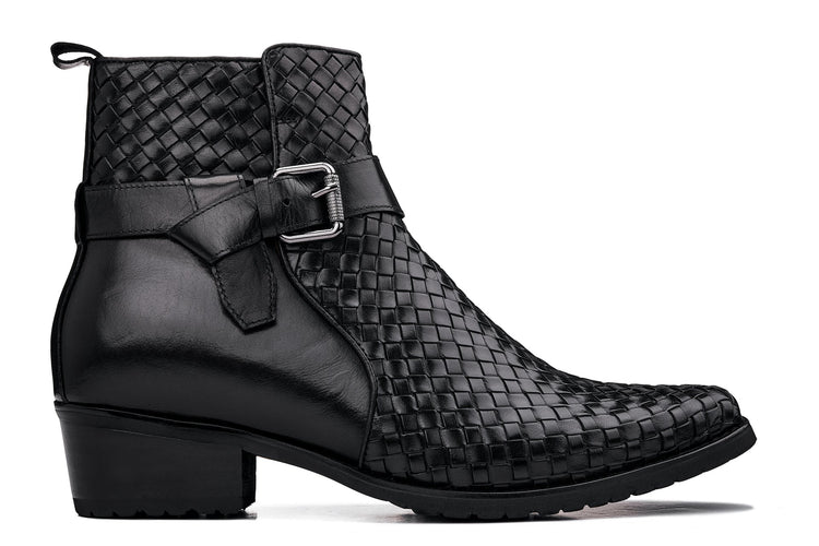 Black Woven High-Top Ankle Buckle Zipper Boots - 3437