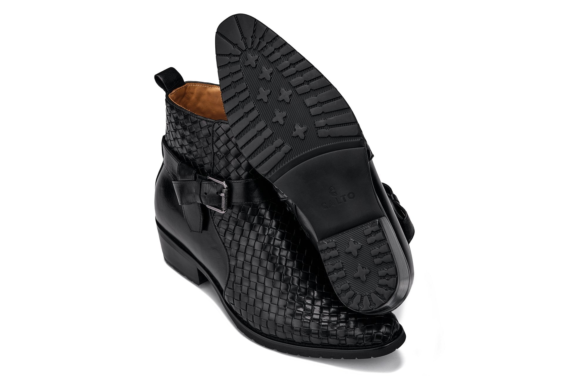 Black Woven High-Top Ankle Buckle Zipper Boots - 3644