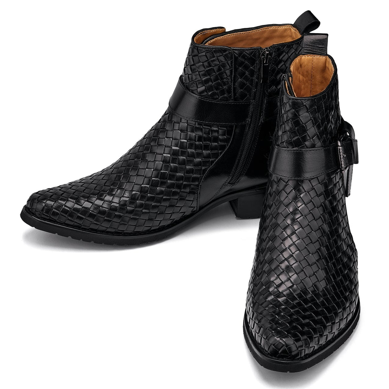 Black Woven High-Top Ankle Buckle Zipper Boots - 3630