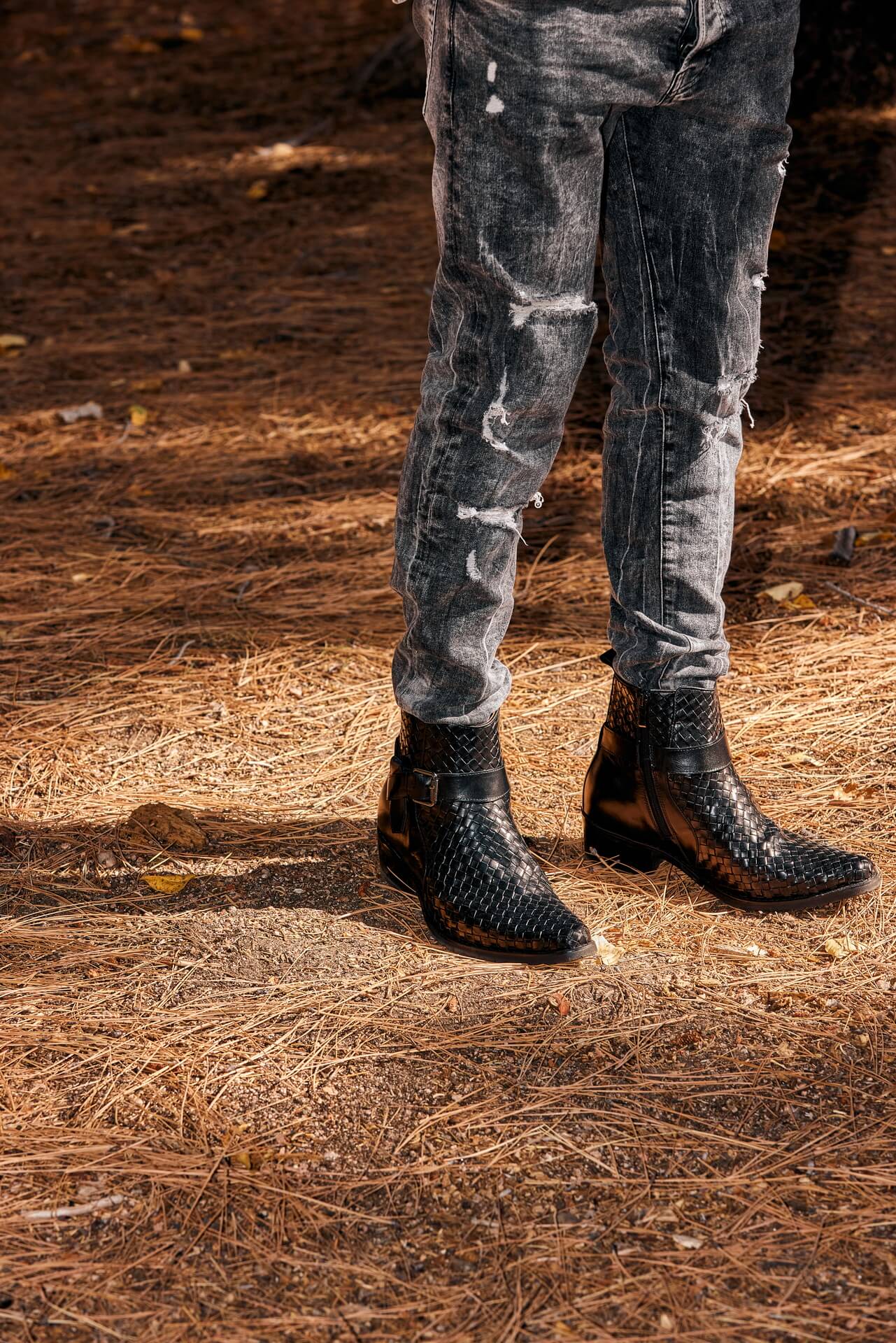 Black Woven High-Top Ankle Buckle Zipper Boots - 3313