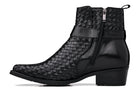 Black Woven High-Top Ankle Buckle Zipper Boots - 3879