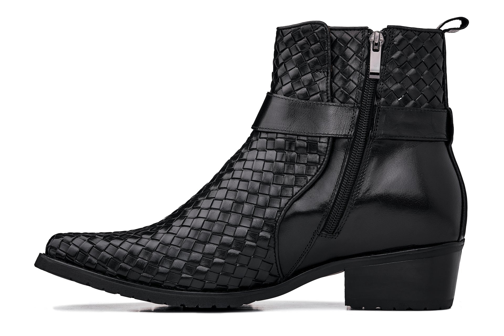 Black Woven High-Top Ankle Buckle Zipper Boots - 3482