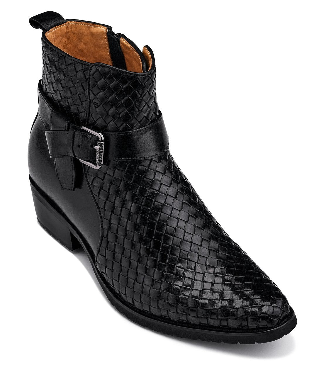 Black Woven High-Top Ankle Buckle Zipper Boots - 3122