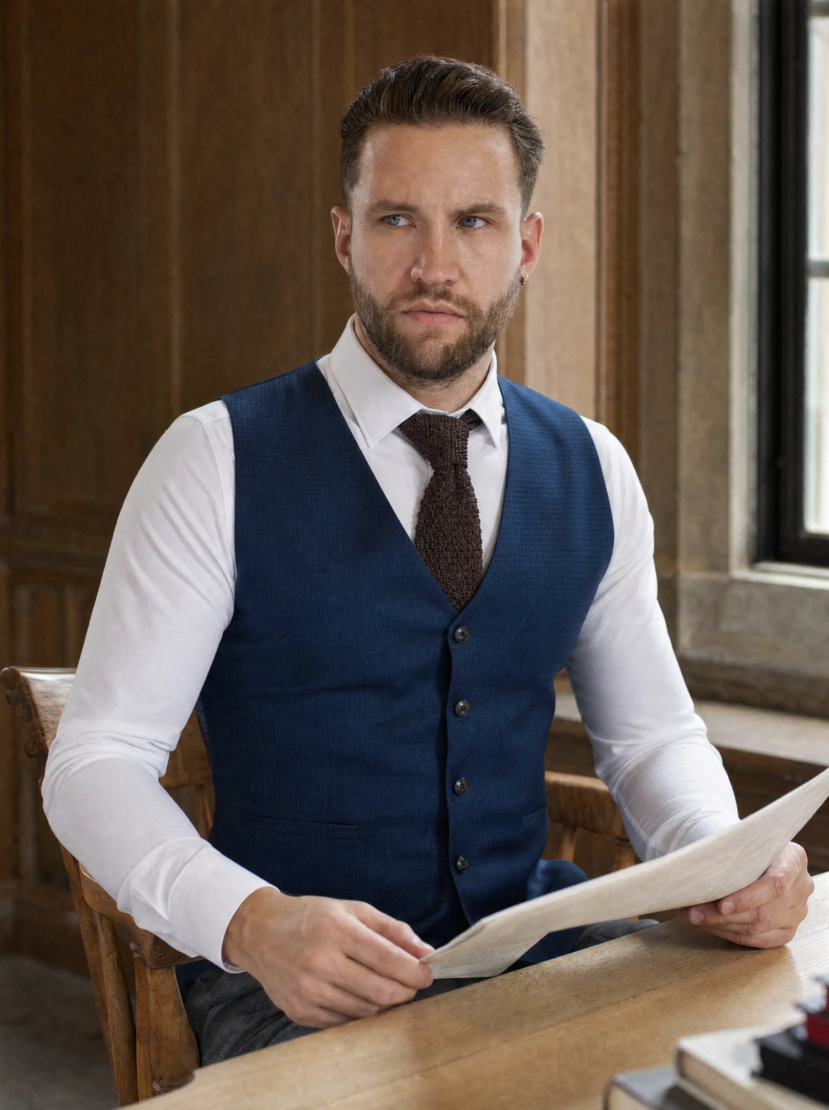 Man in a blue microcheck waistcoat and brown knit tie reading at a writing desk294