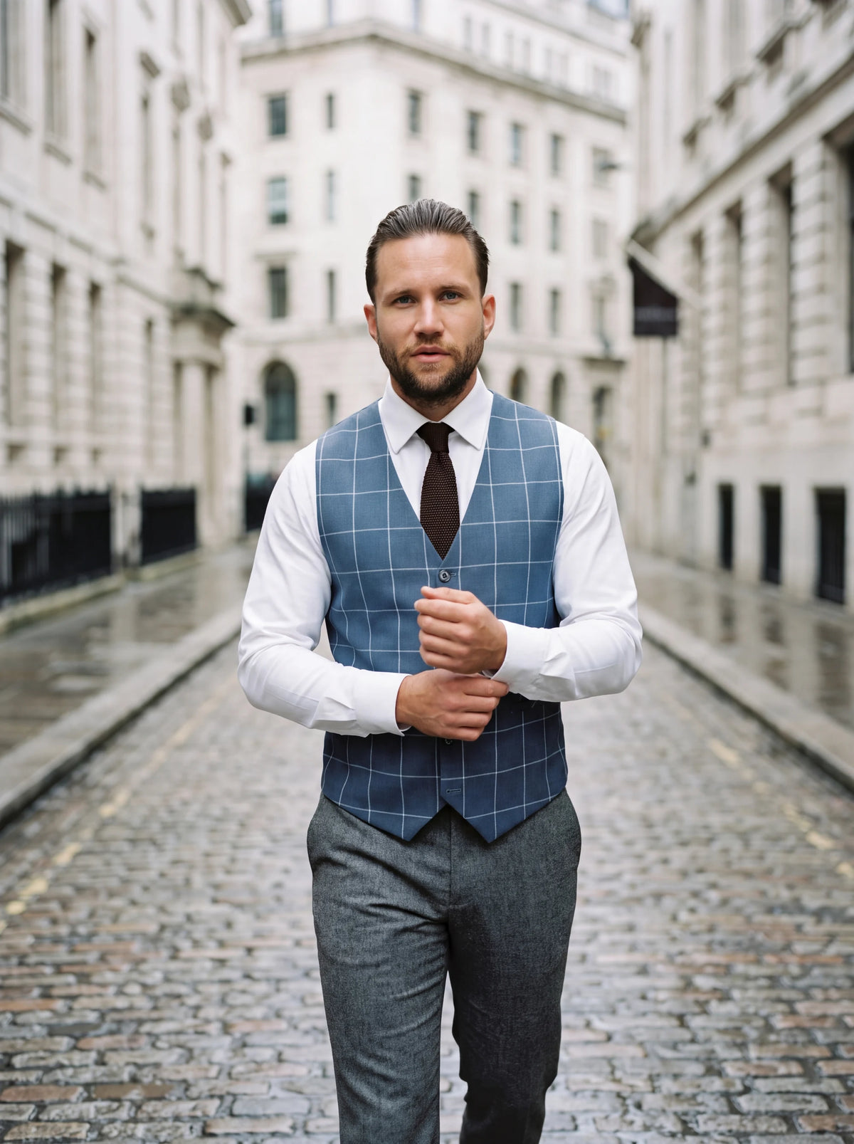 Blue Windowpane Vest worn by a model, financial district street865