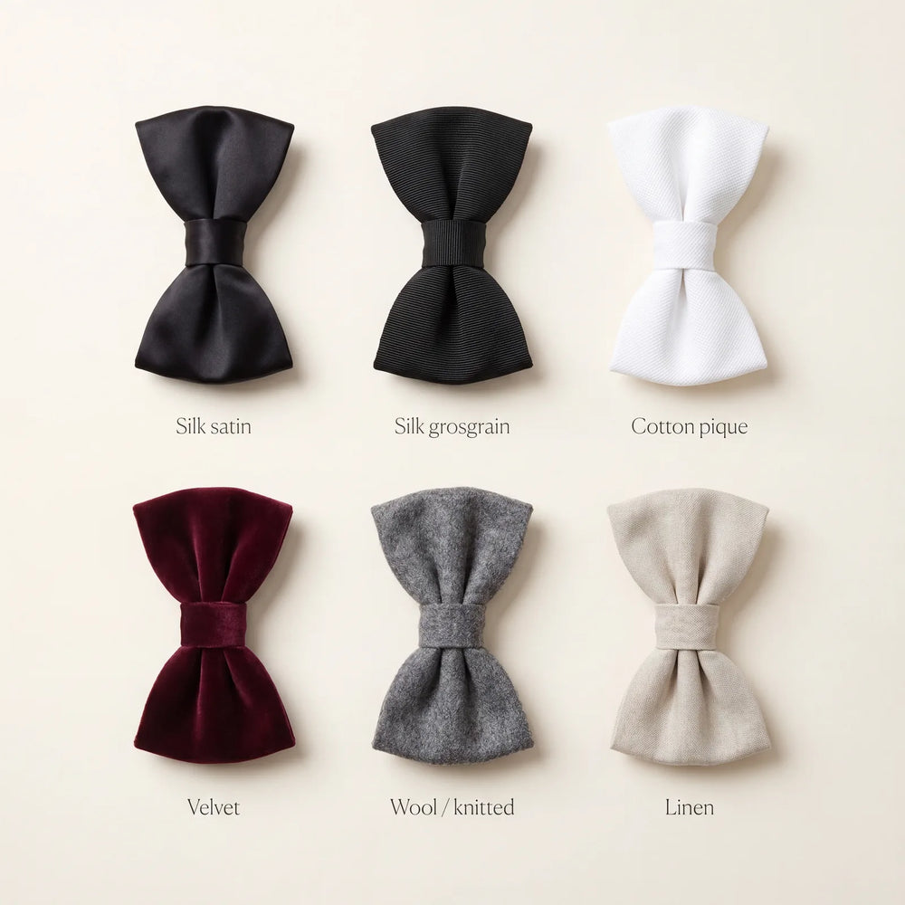 Bow tie fabrics: silk satin, silk grosgrain, cotton pique, velvet, wool, and linen