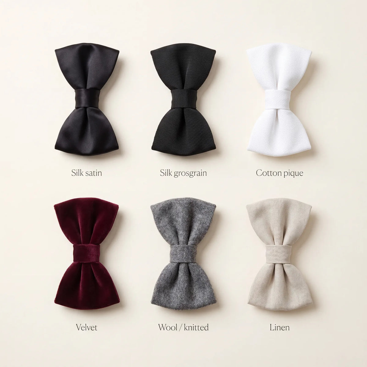 Bow tie fabrics: silk satin, silk grosgrain, cotton pique, velvet, wool, and linen